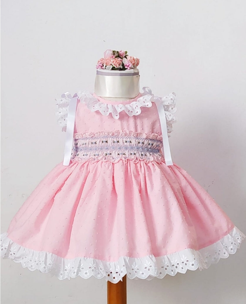 Sonata Spanish Girls Pink & Blue Plumetti Smocked Puffball Dress MOD322 - MADE TO ORDER