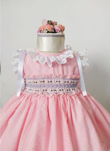 Sonata Spanish Girls Pink & Blue Plumetti Smocked Puffball Dress MOD322 - MADE TO ORDER