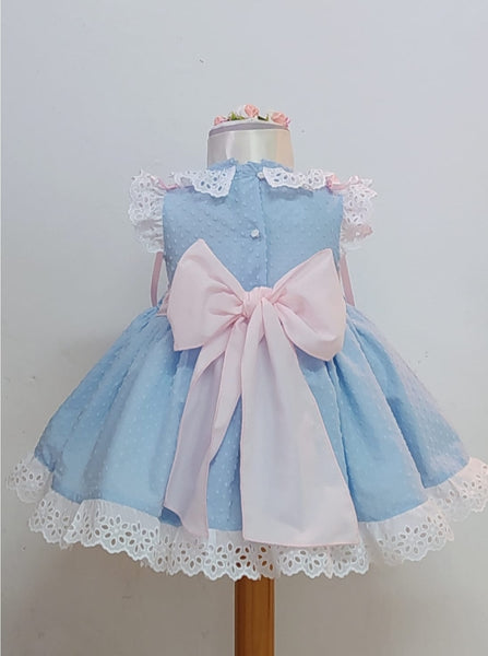 Sonata Spanish Girls Blue & Pink Plumetti Smocked Puffball Dress MOD322 - MADE TO ORDER