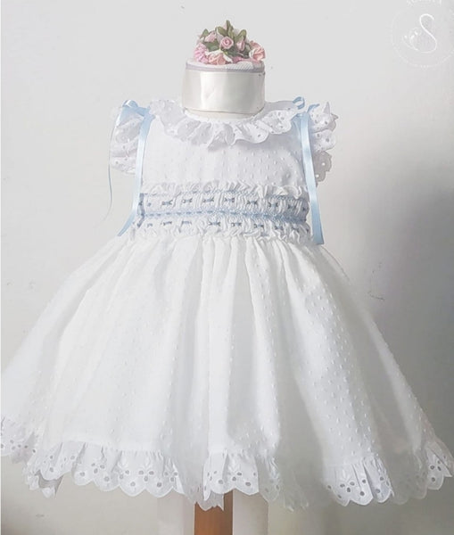Sonata Spanish Girls White & Blue Plumetti Smocked Puffball Dress MOD322 - MADE TO ORDER