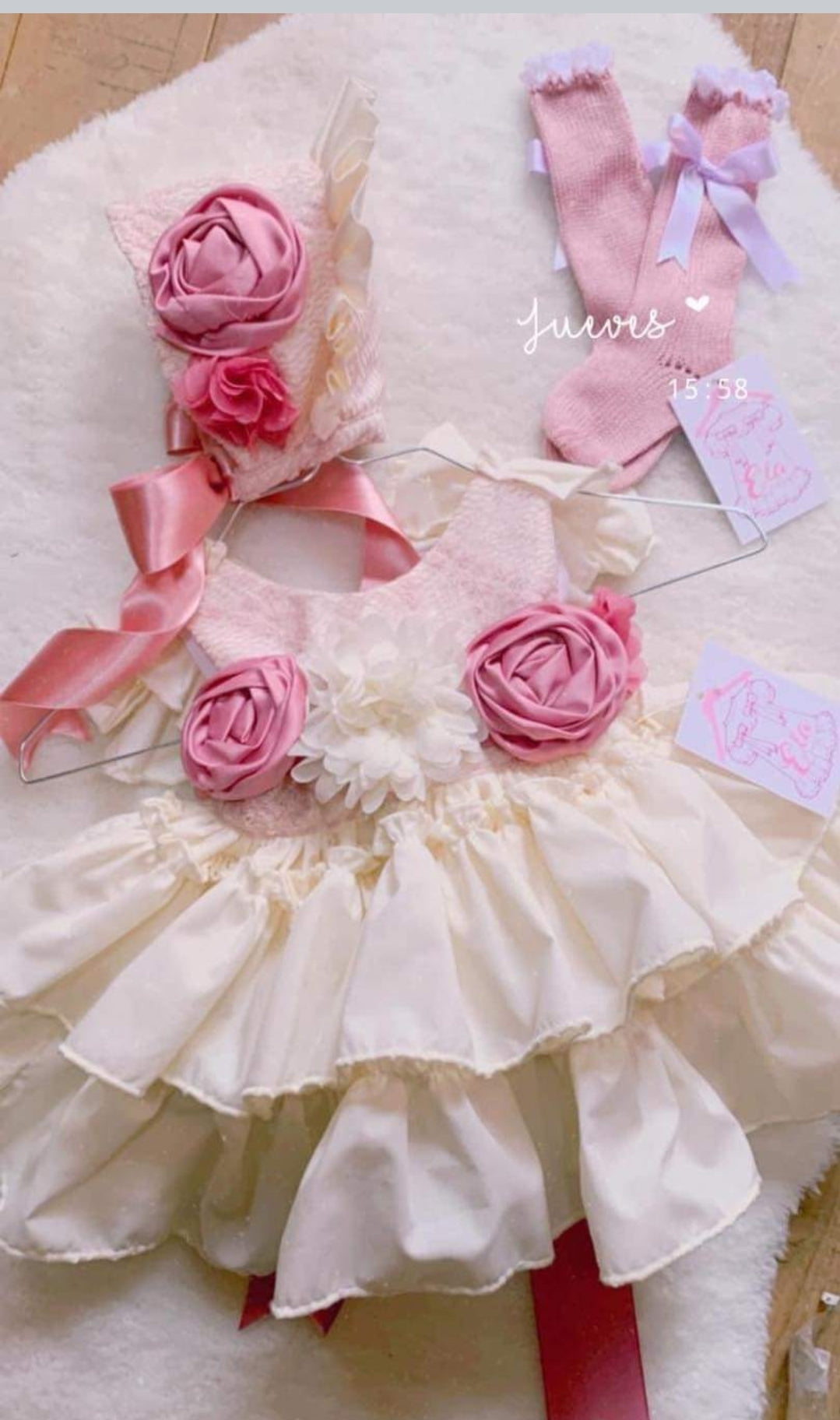 Ela Confeccion SS23 Spanish Pink & Cream Puffball Dress - MADE TO ORDER