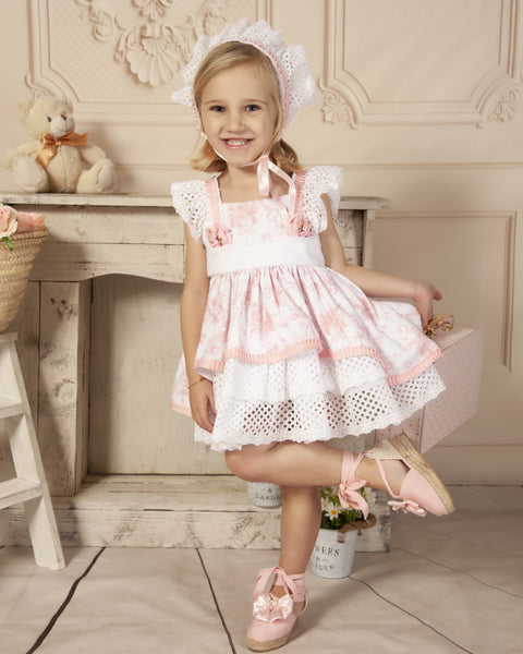 Sonata SS23 Spanish Girls Pink Rose Printed Puffball Dress LIMITED QUANTITY VE2313 - MADE TO ORDER