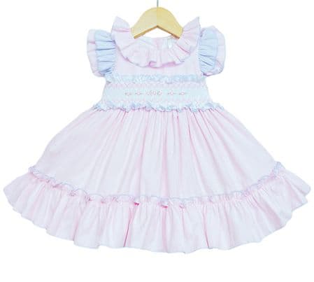 Wee Me Baby Girls Blue & Pink Smocked Puffball Style Dress - 0-6m