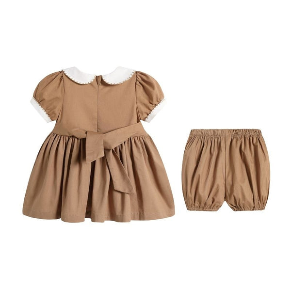 Traditional Baby Girls Camel Hand Smocked Dress & Bloomers - 6m