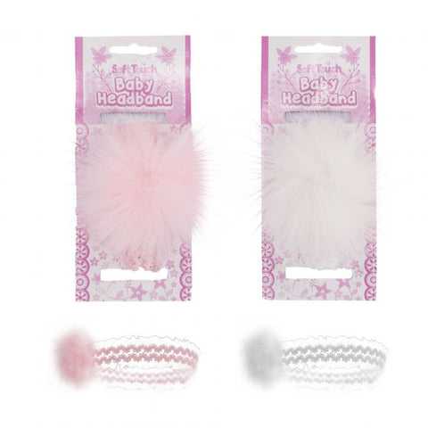 Baby Girls Lace Fur Pom Pom Headband - White or Pink