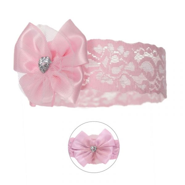 Baby Girls Lace Bow & Heart Gem Headband - White or Pink