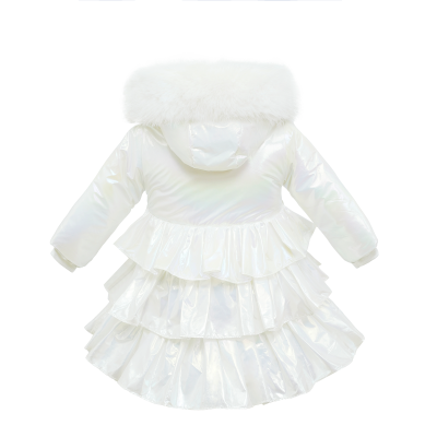 Wee Me Girls Long White Iridescent Frilly Puffer Coat - 24m