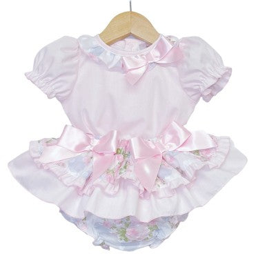 Wee Me Traditional Baby Girls Pink Rose Frilly Pant Set