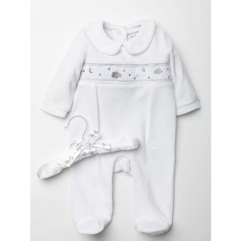 Traditional Unisex Baby White Cloud & Star Velour Sleepsuit / Babygrow